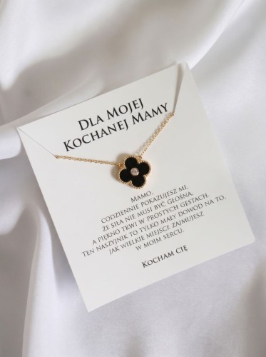 Naszyjnik na Dzień Mamy z dedykacją złoty czarna koniczynka z cyrkonią